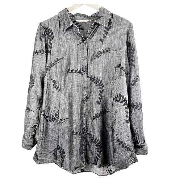 Soft Surroundings Papyrus Leaf Embroidered Button Down Chambray Shirt Size M - Picture 2 of 7